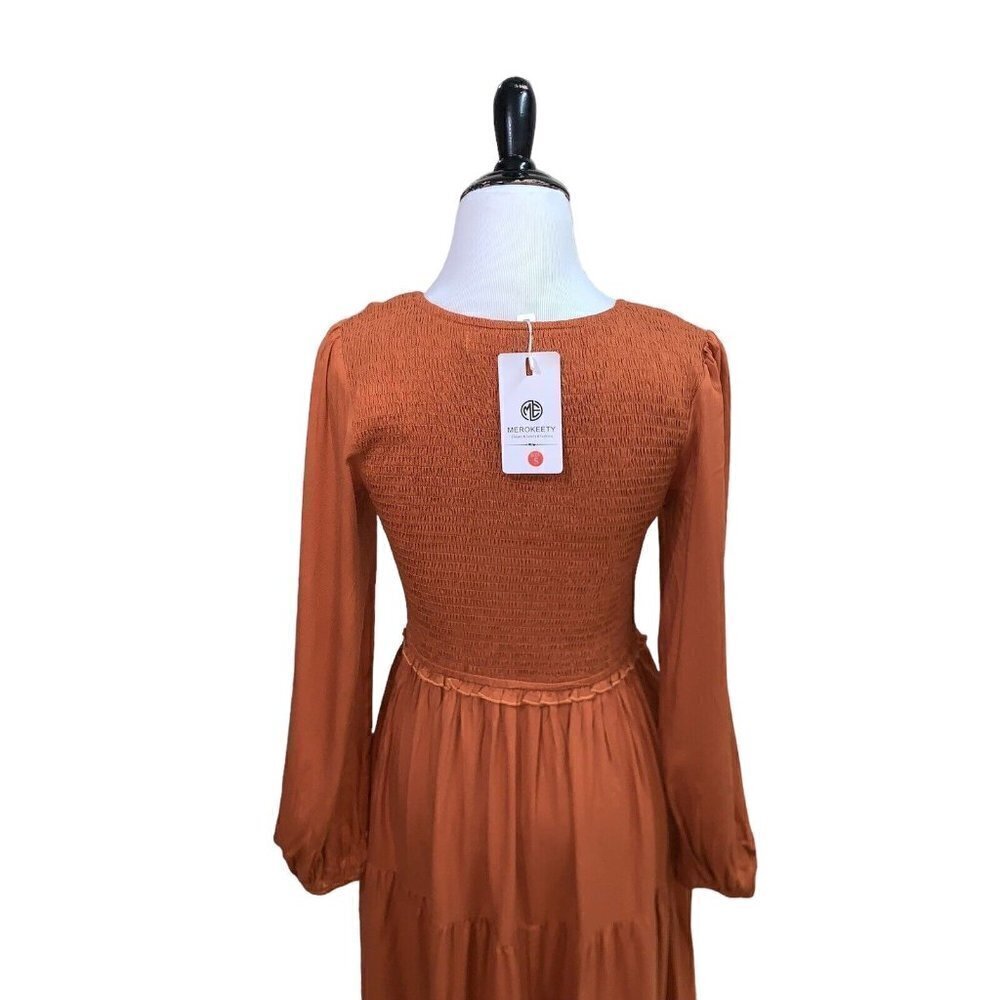 MEROKEETY Women's S Small Boho Midi Dress Long Sleeve V-Neck High Waist Tiered - Picture 7 of 8